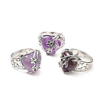 Natural Amethyst Adjustable Rings, Platinum Tone Heart with Flower Brass Rings for Women, Cadmium Free & Lead Free, US Size 6 3/4(17.1mm), 4.5~9mm
