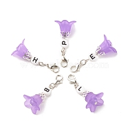 Frosted Flower Transparent Acrylic Pendant Decoration, with Natural & Dyed Malaysia Jade Beads and Random Mixed Letters Acrylic Beads, Zinc Alloy Lobster Claw Clasps and Iron Findings, Medium Purple, 41mm(HJEW-JM00628-01)