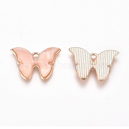 Light Gold Plated Alloy Pendants, with Acrylic, Butterfly, Pink, 15.5x22x2.7mm, Hole: 1.8x3mm, 10pcs/bag(PALLOY-CJC0001-24D)