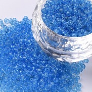 Glass Seed Beads, Transparent, Round, Deep Sky Blue, 12/0, 2mm, Hole: 1mm, about 30000 beads/pound(SEED-A004-2mm-3B)