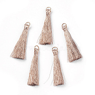 Nylon Thread Tassels Big Pendant Decorations, with Iron Findings, Light Gold, Sandy Brown, 41~47x7~8x5mm, Hole: 3x5.5~6mm(NWIR-F008-A14)