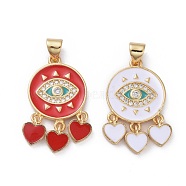 Brass Micro Pave Cubic Zirconia Pendants, with Enamel, Heart and Flat Round with Eye, Golden, Mixed Color, 26.5x15x2mm, Hole: 3x5mm(KK-G363-17G)