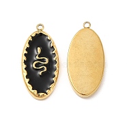 Vacuum Plating 201 Stainless Steel Enamel Pendants, Real 18K Gold Plated, Oval with Snake Pattern Charm, Black, 24.5x11.5x2.5mm, Hole: 1.2mm(STAS-J401-VC1056-2)
