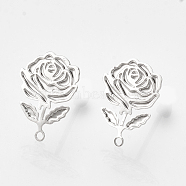 Brass Stud Earring Findings, with Loop, Flower, Nickel Free, Real Platinum Plated, 12x9mm, Hole: 1mm, pin: 0.6mm(KK-S345-279P)