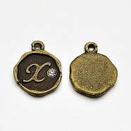 Antique Bronze Plated Alloy Rhinestone Charms, Flat Round with Letter.X, Nickel Free, 13x10x1.5mm, Hole: 1mm(ALRI-J152-X-NF)