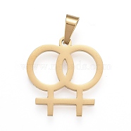 304 Stainless Steel Pendants, Laser Cut, Double Female Gender Sign, Golden, 19x18x1.2mm, Hole: 3x5mm(STAS-G237-32G)