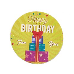 Happy Birthay Kraft Paper Gift Tags, Flat Round, Gift Box Pattern, 3x0.02cm, Hole: 3mm, about 100pcs/bag(DIY-D056-01A)