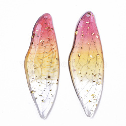 Transparent Epoxy Resin Big Pendants, with Gold Foil, Insects Wing, Deep Pink, 51x16.5x1~2.5mm, Hole: 1.2mm(RESI-T046-01A)