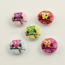 2-Hole Owl Pattern Printed Wooden Buttons, Flat Round, Mixed Color, 15x4mm, Hole: 2mm(BUTT-R031-080)
