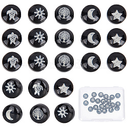 30Pcs 6 Style Handmade Lampwork Beads, with Platinum Plated Brass Embellishments, Flat Round with Star & Moon, Black, 8x5mm, Hole: 0.8mm, 5pcs/style(LAMP-SC0001-22)