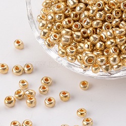 Electroplate Glass Seed Beads, Round Hole Rocailles, Gold Color, Size: about 3.5~5.5mm in diameter, 2.5~6.8mm thick, hole: 1mm(X-SEED-Q005-01)