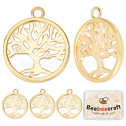 25Pcs Brass Pendants, Long-Lasting Plated, Flat Round with Tree of Life, Real 18K Gold Plated, 18x15x1.5mm, Hole: 1.6mm(KK-BBC0004-68)