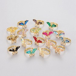 Adjustable Brass Micro Pave Clear Cubic Zirconia Finger Rings, with Glass, Butterfly, Golden, Mixed Color, Size 7, Inner Diameter: 17mm(RJEW-P017-A)