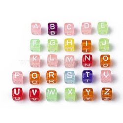 Transparent Large Hole Acrylic European Beads, Horizontal Hole, Cube with Letter, Mixed Color, 6x6x6mm, Hole: 3.5~4mm, about 3200~3600pcs/500g(TACR-Q005-6mm-M)