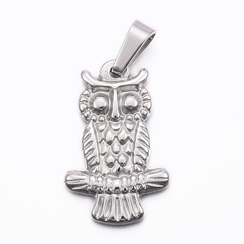 304 Stainless Steel Pendants, Owl, Stainless Steel Color, 26x16.5x3mm, Hole: 8x4mm