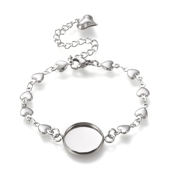 304 Stainless Steel Bracelet Making, with Lobster Claw Clasps, Heart Link Chains and Flat Round Cabochon Settings, Stainless Steel Color, Tray: 14mm, 6 inch(15.3cm)
