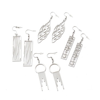 304 Stainless Steel Geometry Dangle Earrings for Women, Stainless Steel Color, 74~78mm, Pin: 0.7mm