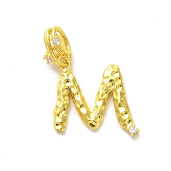Rack Plating Brass Micro Pave Cubic Zirconia European Dangle Charms, Large Hole Letter Pendant, Real 18K Gold Plated, Long-Lasting Plated, Cadmium Free & Lead Free, Letter M, 29mm, Charm: 15.5x18x2mm, Hole: 4x2.5mm