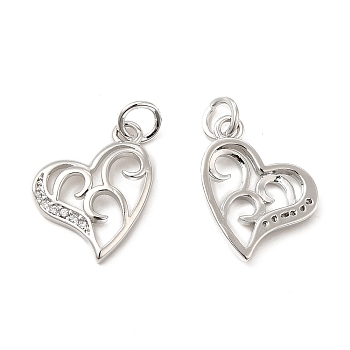 Brass Micro Pave Clear Cubic Zirconia Charms, with Jump Ring, Hollow Asymetrical Heart Charm, Platinum, 15x13x2.5mm, Hole: 3.5mm