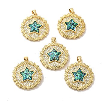 Rack Plating Brass Micro Pave Cubic Zirconia Pendants, with Synthetic Opal, with Jump Ring, Lead Free & Cadmium Free, Long-Lasting Plated, Flat Round with Star, Real 18K Gold Plated, 26.5x24.5x3.6mm, Hole: 5x3.6mm