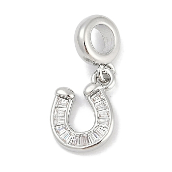 Brass Clear Cubic Zirconia Horseshoe European Dangle Charms, Large Hole Pendants, Rack Plating, Long-Lasting Plated, Lead Free & Cadmium Free, Platinum, 24mm, Hole: 4.5mm