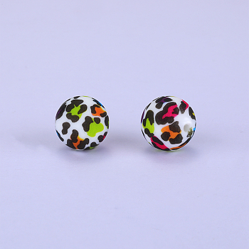 Printed Round with Leopard Print Pattern Silicone Focal Beads, Colorful, 15x15mm, Hole: 2mm