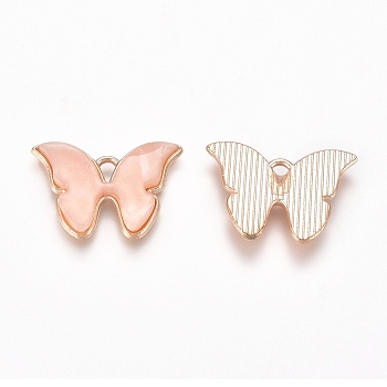 Light Gold Plated Alloy Pendants, with Acrylic, Butterfly, Pink, 15.5x22x2.7mm, Hole: 1.8x3mm, 10pcs/bag