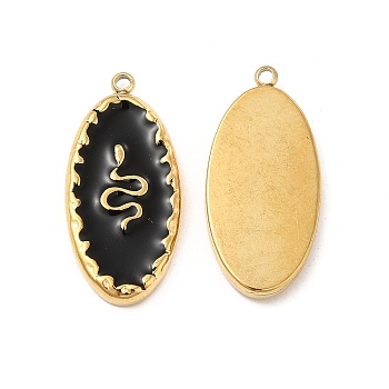 Vacuum Plating 201 Stainless Steel Enamel Pendants, Real 18K Gold Plated, Oval with Snake Pattern Charm, Black, 24.5x11.5x2.5mm, Hole: 1.2mm