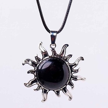 Natural Obsidian Sun Pendant Necklace, Vintage Alloy Necklace for Women