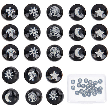30Pcs 6 Style Handmade Lampwork Beads, with Platinum Plated Brass Embellishments, Flat Round with Star & Moon, Black, 8x5mm, Hole: 0.8mm, 5pcs/style