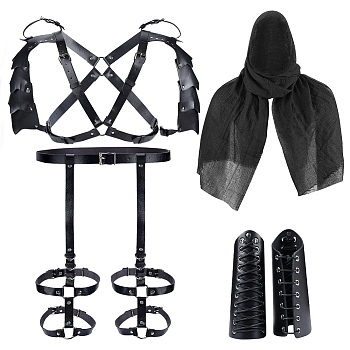 Medieval Knight Costume Props, including PU Leather Body Harness, Fencing Sheat, Polyester Neck Warmer Scarf, Black