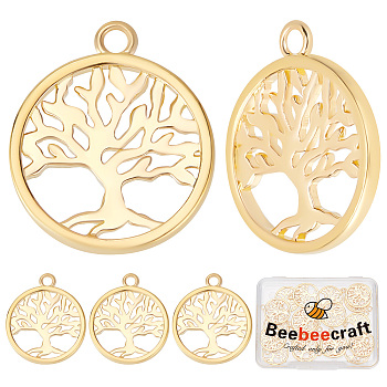 25Pcs Brass Pendants, Long-Lasting Plated, Flat Round with Tree of Life, Real 18K Gold Plated, 18x15x1.5mm, Hole: 1.6mm