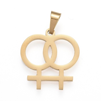 304 Stainless Steel Pendants, Laser Cut, Double Female Gender Sign, Golden, 19x18x1.2mm, Hole: 3x5mm