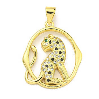 Brass Micro Pave Cubic Zirconia Pendants, Ring with Leopard Charms, Real 18K Gold Plated, 25x21x3mm, Hole: 4x3mm