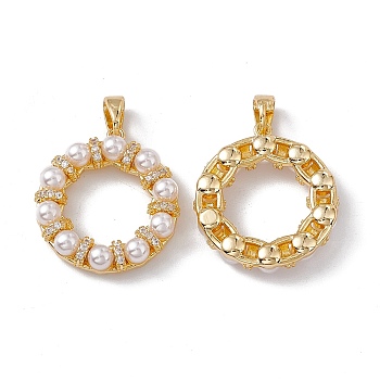 Brass Micro Pave Cubic Zirconia Pendants, with ABS Imitation Pearl, Ring Charm, Real 18K Gold Plated, 21x19x4.5mm, Hole: 4.5x3mm