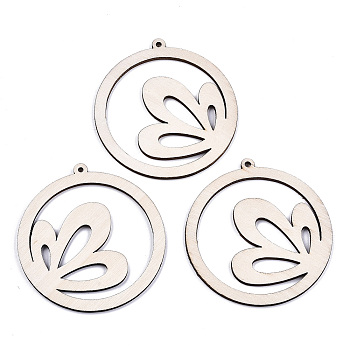 Undyed Natural Wooden Big Pendants, Laser Cut Shapes, Ring, Antique White, 64x60x2mm, Hole: 2mm