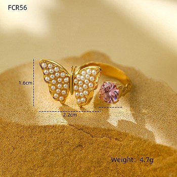 304 Stainless Steel Micro Pave Cubic Zirconia Open Cuff Rings for Women, with Plastic Imitation Pearl, Golden, Butterfly, Inner Diameter: 17mm