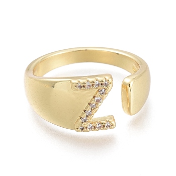 Brass Micro Pave Clear Cubic Zirconia Cuff Rings, Open Rings, Real 18K Gold Plated, Letter, Letter.Z, Size 5, Inner Diameter: 15.5mm, Z: 8x6mm