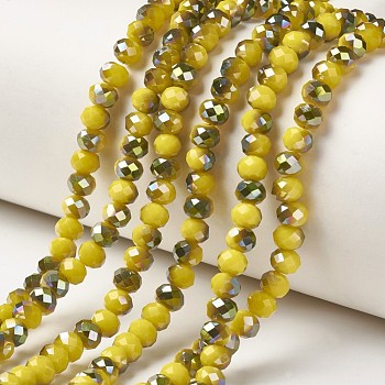 Electroplate Opaque Glass Beads Strands, Half Green Plated, Faceted, Rondelle, Yellow, 4x3mm, Hole: 0.4mm, about 130pcs/strand, 16.54 inch(42cm)