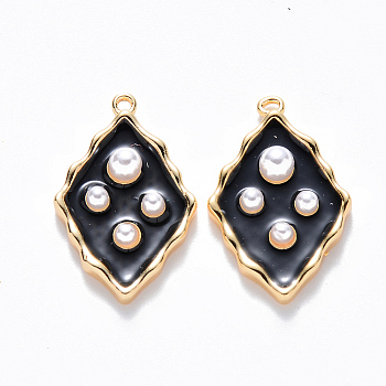 Brass Enamel Pendants, with ABS Plastic Imitation Pearl, Nickel Free, Rhombus, Real 18K Gold Plated, Black, 20x12.5x4mm, Hole: 1mm