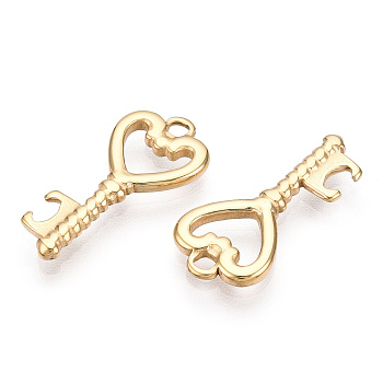 Valentine's Day 304 Stainless Steel Pendants, Manual Polishing, Heart Key Charm, Real 14K Gold Plated, 22x10x2mm, Hole: 1.8mm