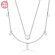 925 Sterling Silver Flat Round Pendant Necklaces for Women, Double Layer Cable Chains Necklaces, Platinum, 15-3/8 inch(39cm)(NW7727-2)