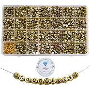 DIY Necklace & Bracelet Making Kits, including 1400Pcs Flat Round with Letter Plating Acrylic Beads and Round Iron Spacer Beads, Elastic Crystal Thread, Gold, 7x4mm, Hole: 1.2mm, Beads: 1400pcs/box(DIY-CJ0001-78)