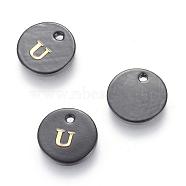 Freshwater Shell Charms, with Gold Blocking Letter, Dyed, Flat Round, Black, Letter.U, 11x1.5mm, Hole: 1.5mm(SHEL-S253-16U)