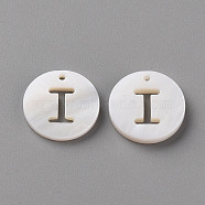 Natural Freshwater Shell Pendants, Flat Round with Letter, Letter.I, 12x1.5mm, Hole: 1mm(SHEL-Q311-008I)