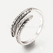 Adjustable Alloy Cuff Finger Rings, Feather, Antique Silver, Size 6, 16mm(RJEW-Q159-01)