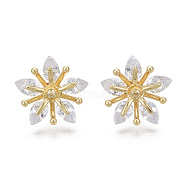 Brass Micro Pave Cubic Zirconia Stud Earring Findings, for Half Drilled Bead, Nickel Free, Flower, Real 18K Gold Plated, Clear, 16.5x16mm, Pin: 0.7mm, Pin: 0.7mm(for half drilled beads)(KK-N233-009-NF)