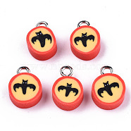 Handmade Polymer Clay Charms, with Platinum Tone Iron Findings, Flat Round with Halloween Bat, Orange Red, 13~14x9~10x4.5mm, Hole: 1.8mm(CLAY-T016-47)