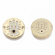 Brass Micro Pave Clear Cubic Zirconia Links, Nickel Free, Flat Round with Hamsa Hand/Hand of Fatima/Hand of Miriam & Eye, Real 18K Gold Plated, 18.5x1.8mm, Hole: 1.8mm(KK-R126-017-NF)