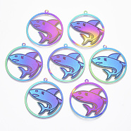 Ion Plating(IP) 304 Stainless Steel Filigree Pendants, Etched Metal Embellishments, Ring with Shark, Rainbow Color, 44x40.5x0.4mm, Hole: 2mm(STAS-T057-29)